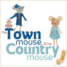 A gray mouse in a suit and hat and a brown mouse in a country dress