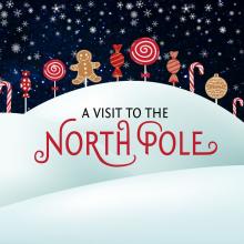 Snowy hill lined with Christmas lollipops and gingerbread people cookies