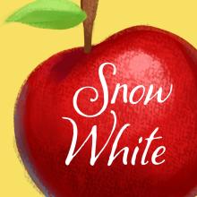 the words "snow white" superimposed over a shiny red apple