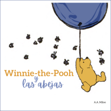 Line drawing of a bear holding a balloon string, floating, and being chased by bees.